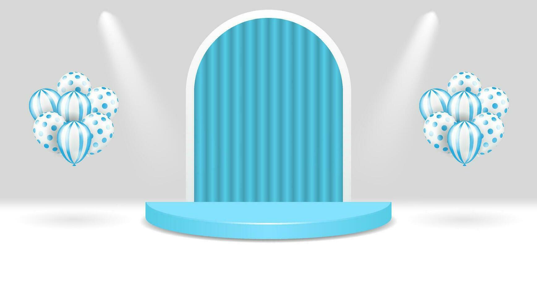 azul 3d podio con globos y ligero. producto monitor presentación. etapa escaparate. vector ilustración