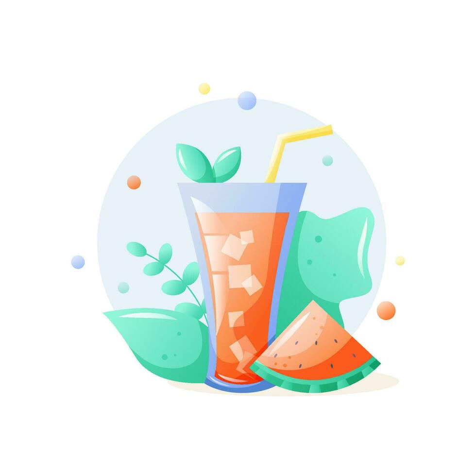 Glass of watermelon juice with straw and slice of watermelon. Tasty fruit smoothie or tropical cocktail. Vector illustration