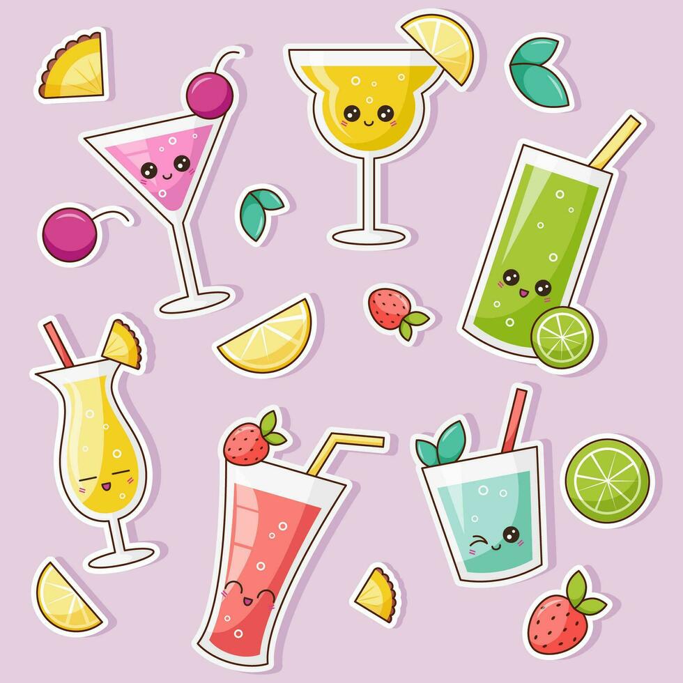 kawaii summer cocktails sticker set vector