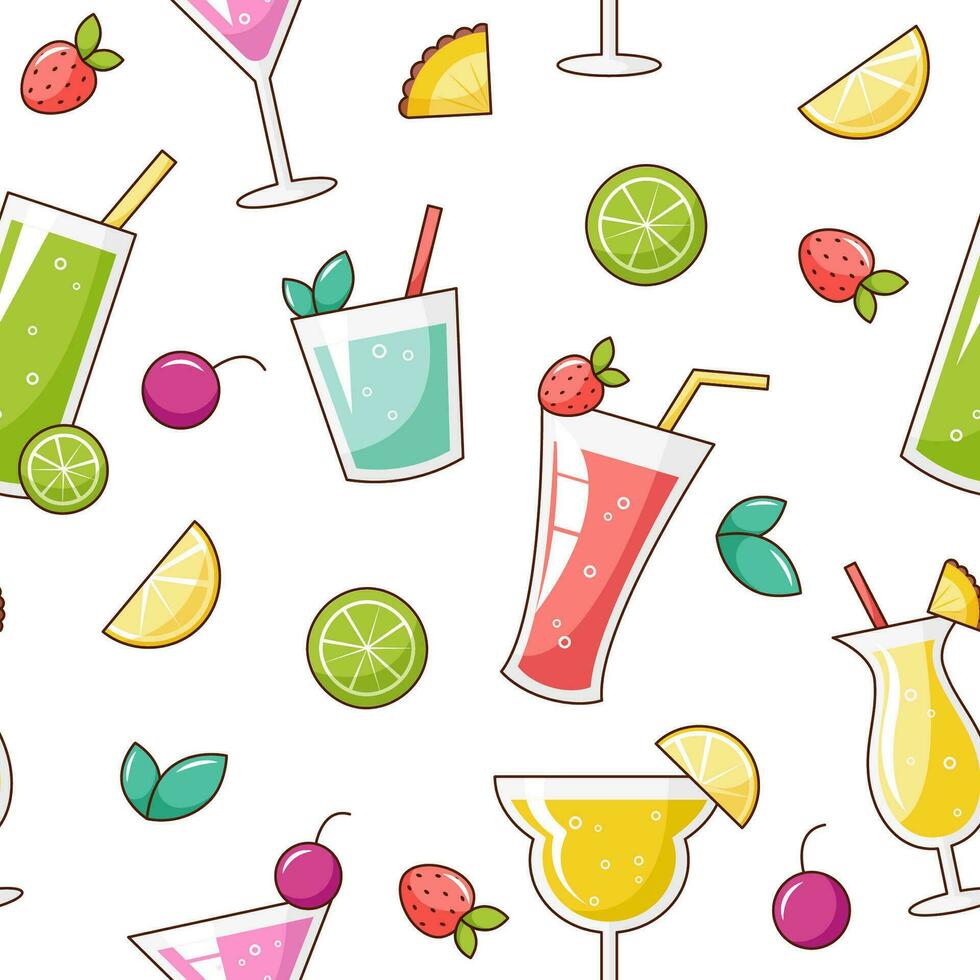 Seamless pattern with different cocktails and fruits vector