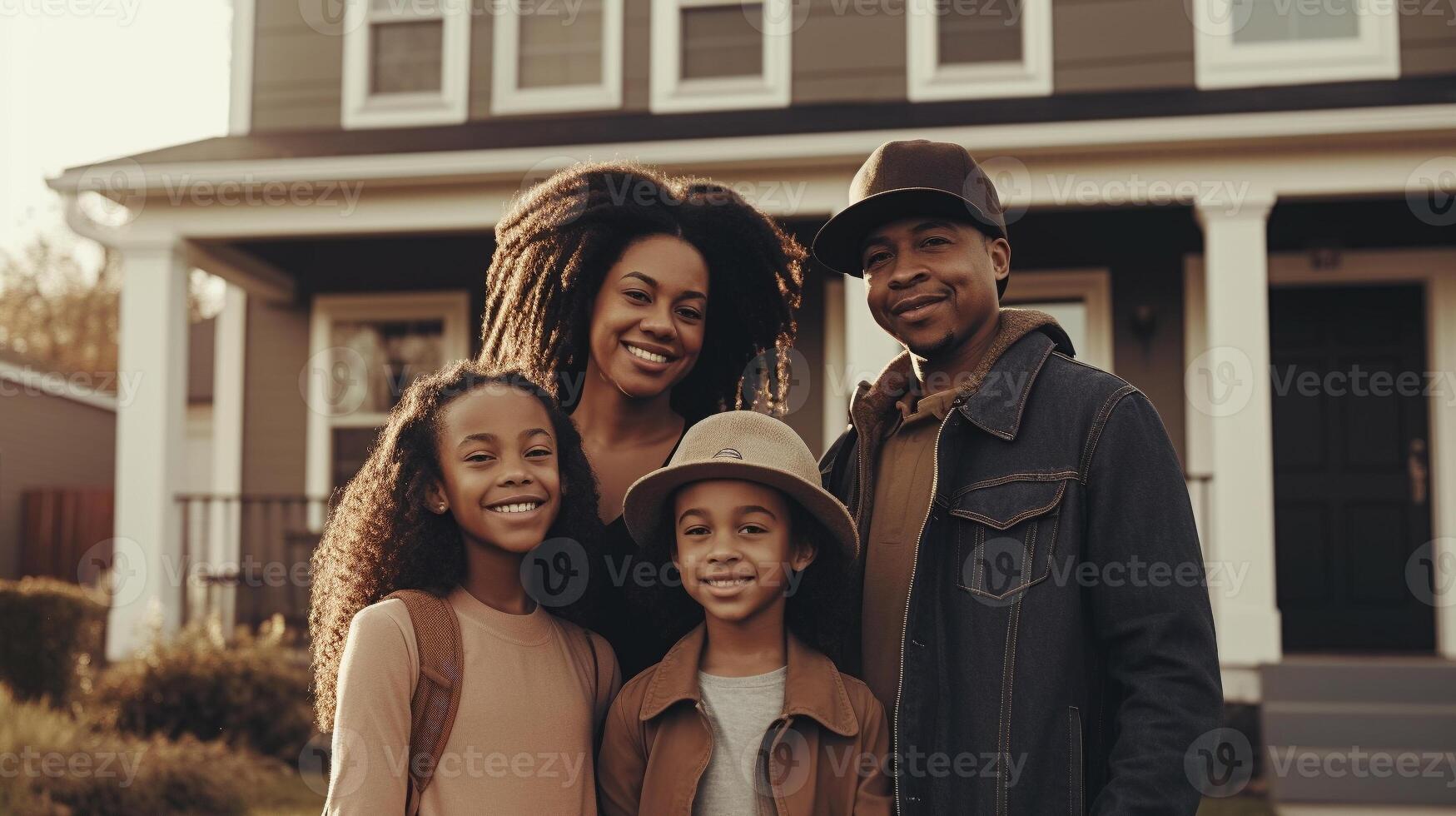 Happy African American Young Family Proudly Standing In Front of Their New House - . photo