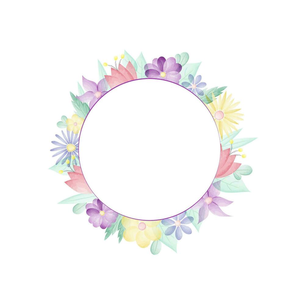 Vector Frame with Circle and Painted Watercolor Flowers