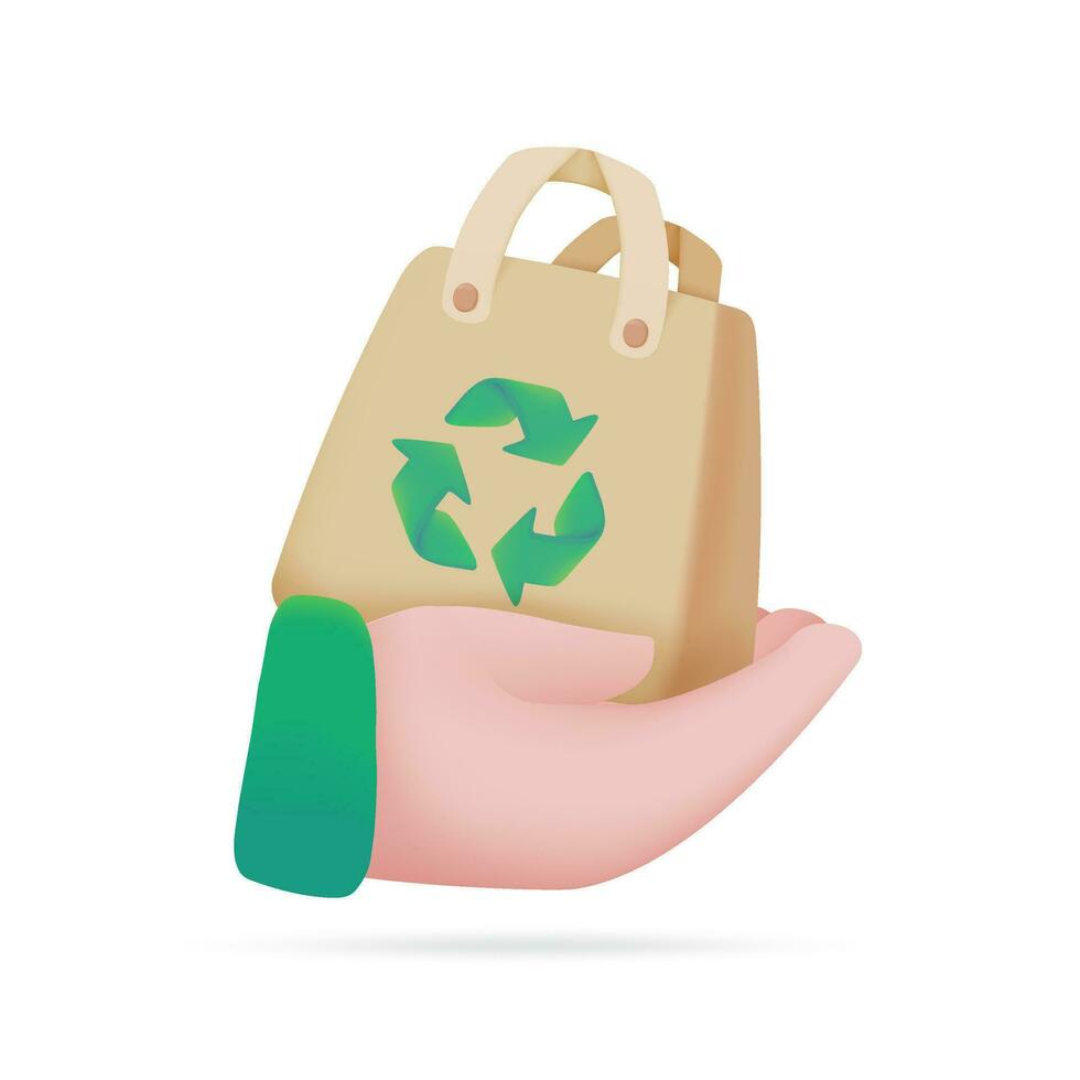 hand holding recycled paper bag Plastic reduction concept for the planet. 3D illustration. vector