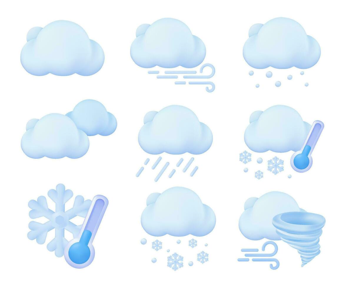 Weather forecast icon. Windy clouds and snow on a cold day. 3d vector illustration