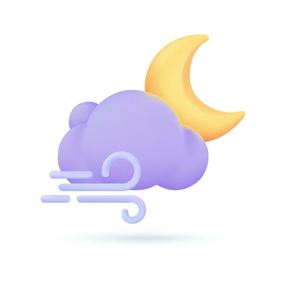 3D weather forecast icons Night with moon and clouds on a rainy day. 3d illustration vector