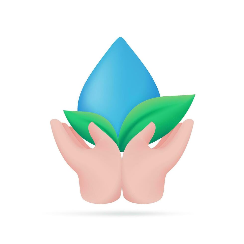 mano participación agua gotas agua reducción concepto para el planeta. 3d ilustración vector