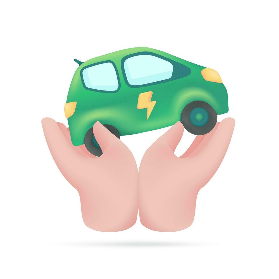 hand holding electric car The concept of using clean energy for the planet. 3d illustration vector
