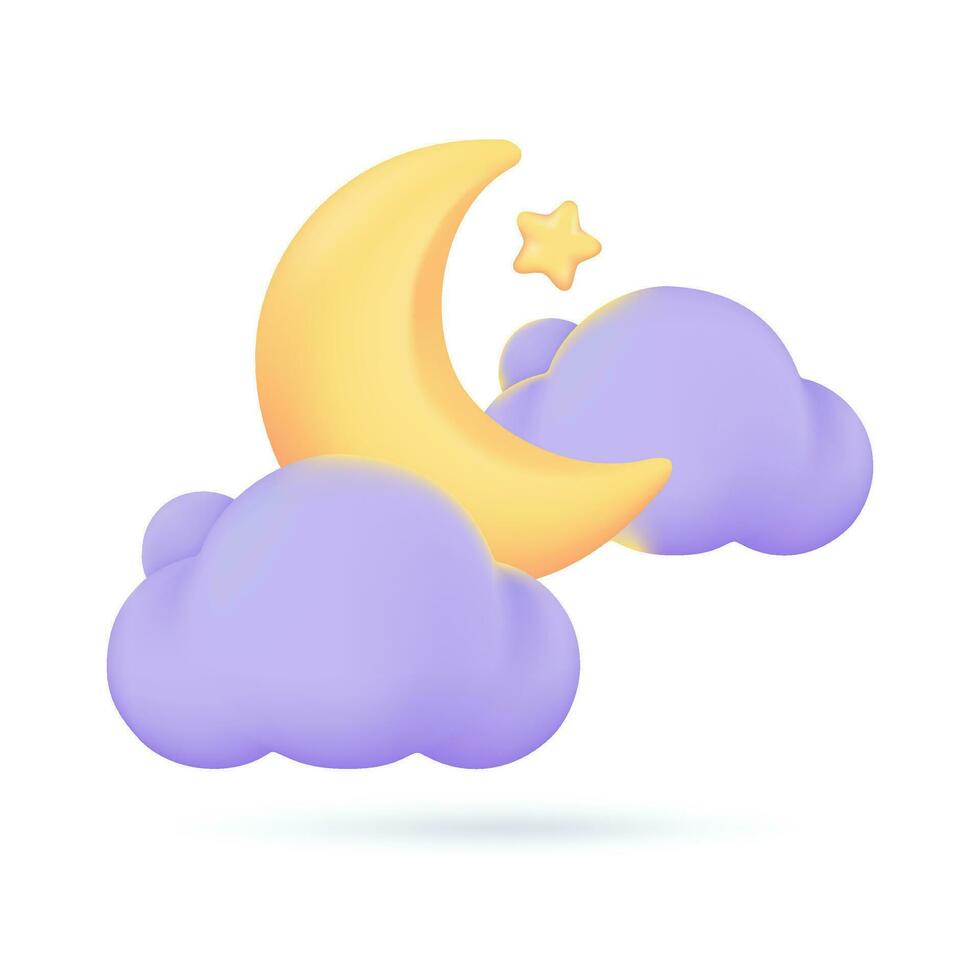 3D weather forecast icons Night with moon and clouds on a rainy day. 3d illustration vector