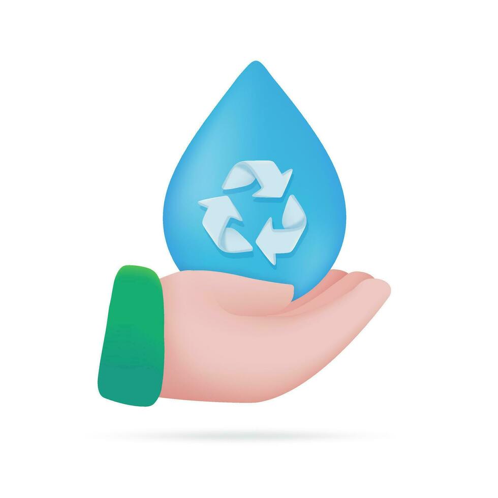mano participación agua gotas agua reducción concepto para el planeta. 3d ilustración vector