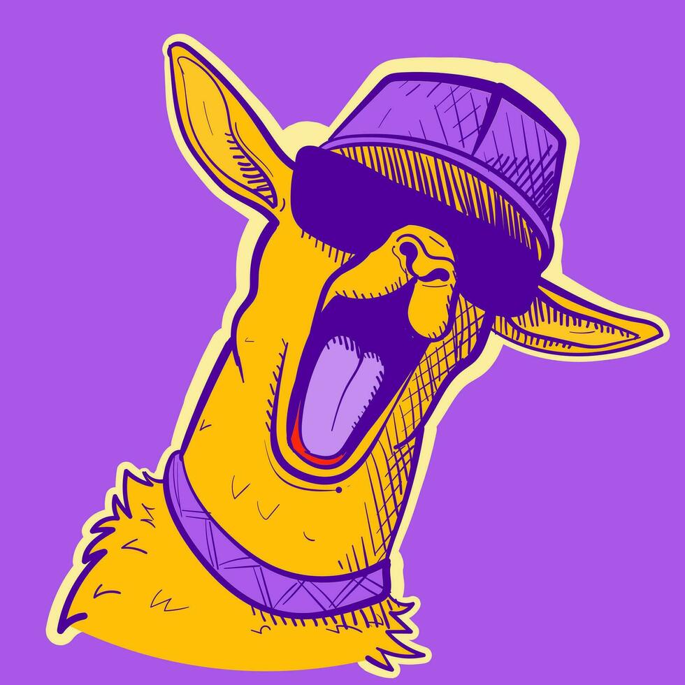 ilustración de un amarillo y púrpura llama vistiendo Gafas de sol y un hip hop sombrero. vector de un miedoso alpaca gritando y demostración su lengua