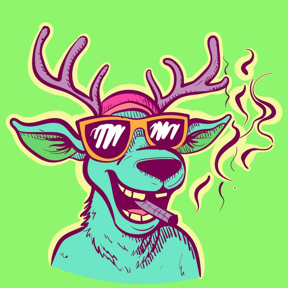 Illustration of a reindeer with sunglasses vaping. Vector of a trippy deer cartoon character smoking a cigarette