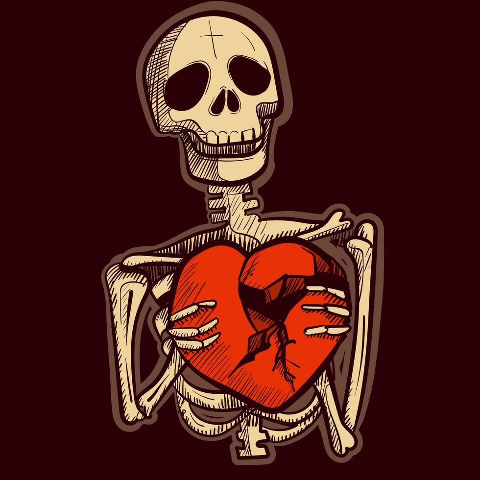 Illustration of a skeleton holding a broken heart in his hands. Vector of a dead gothic human with bones being sad and depressed.