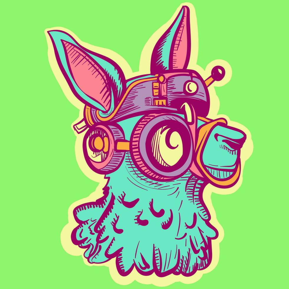 ilustración de un Steampunk llama cabeza. vector de un alpaca dibujos animados personaje con tecnología engranaje