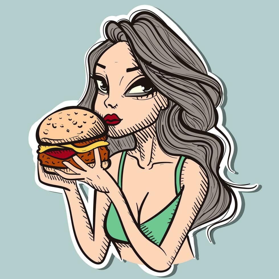 Digital art of a young woman with gray hair and a green suimsuit eating a burger. Vector of a beautiful girl holding a hamburger