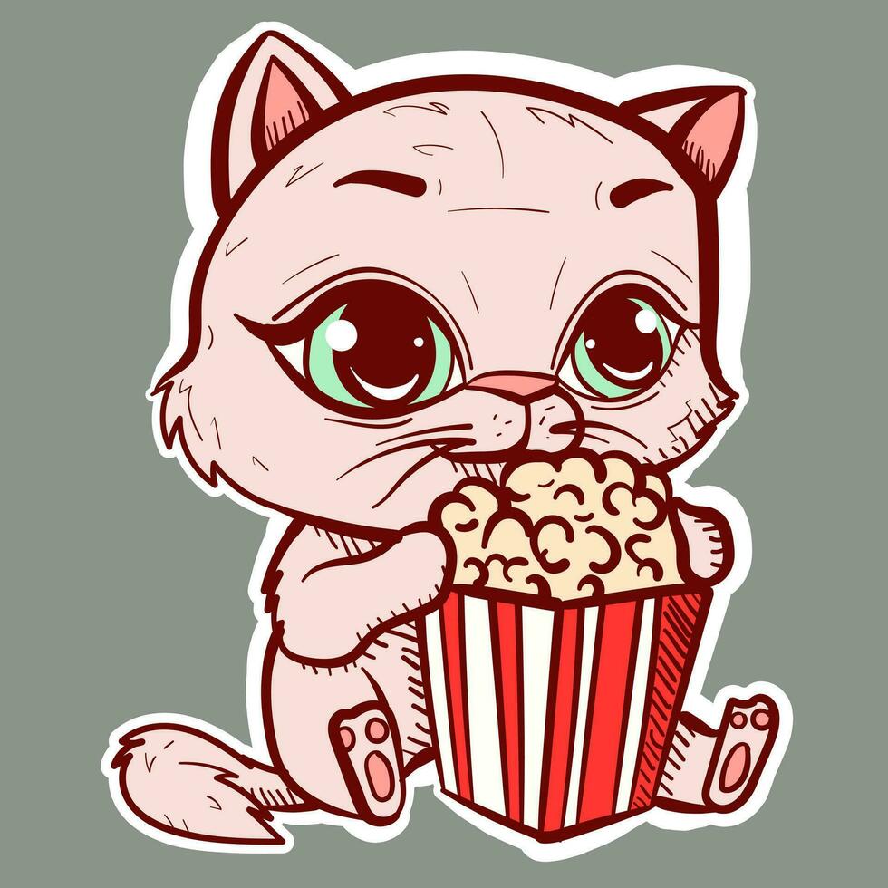 Difital art of a cute cat with big eyes eating popcorn from a big bucket. Vector of a kawaii kitty cartoon watching a movie and having snacks