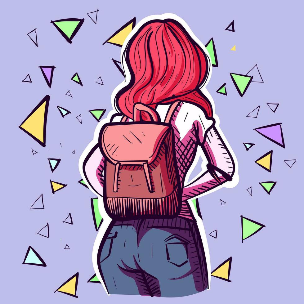 Digital art of a redhead girl with a backpack and blue jeans, back view angle. Vector of a woman with a bag, back to school concept