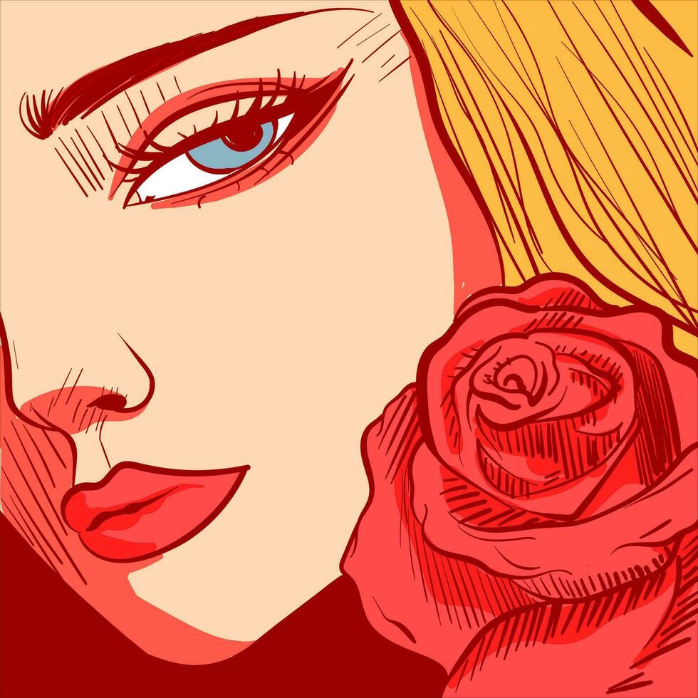 digital Arte de un joven rubia mujer con azul ojos. de cerca ilustración de un niña cara y un rojo Rosa. vector