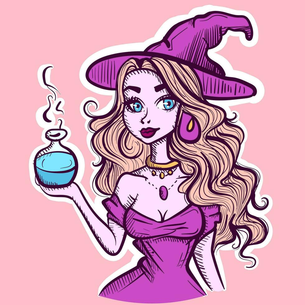 Digital art of a blonde witch with a hat holding a magic blue potion in a flask. Vector of a magician woman showing a poison bottle.