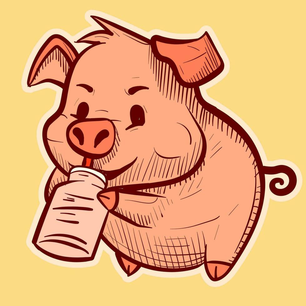 Illustration of a cute pig drinking a beverage with a straw. Vector of an adorable piggy holding a jar of milk