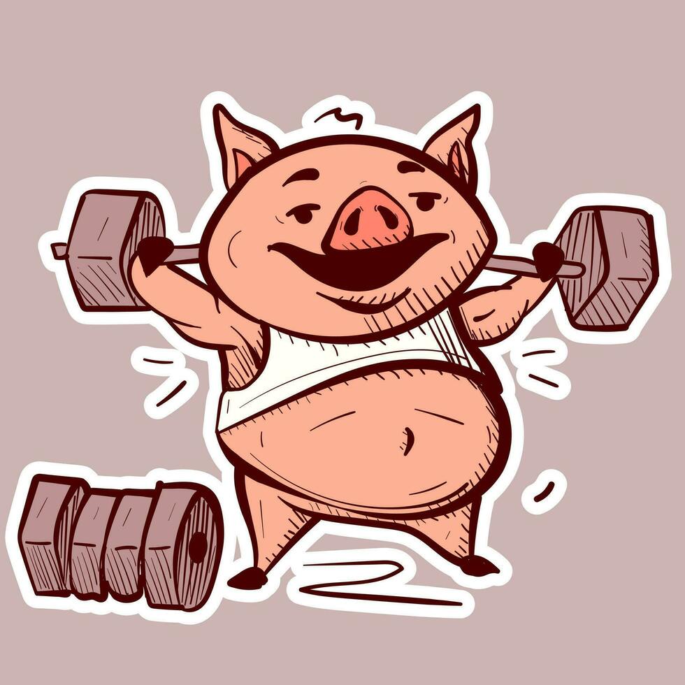 Digital art of a cartoon pig lifting weights and doing exercises. Fitness piglet bodybuilder with dumbbells working out to lose body fat vector