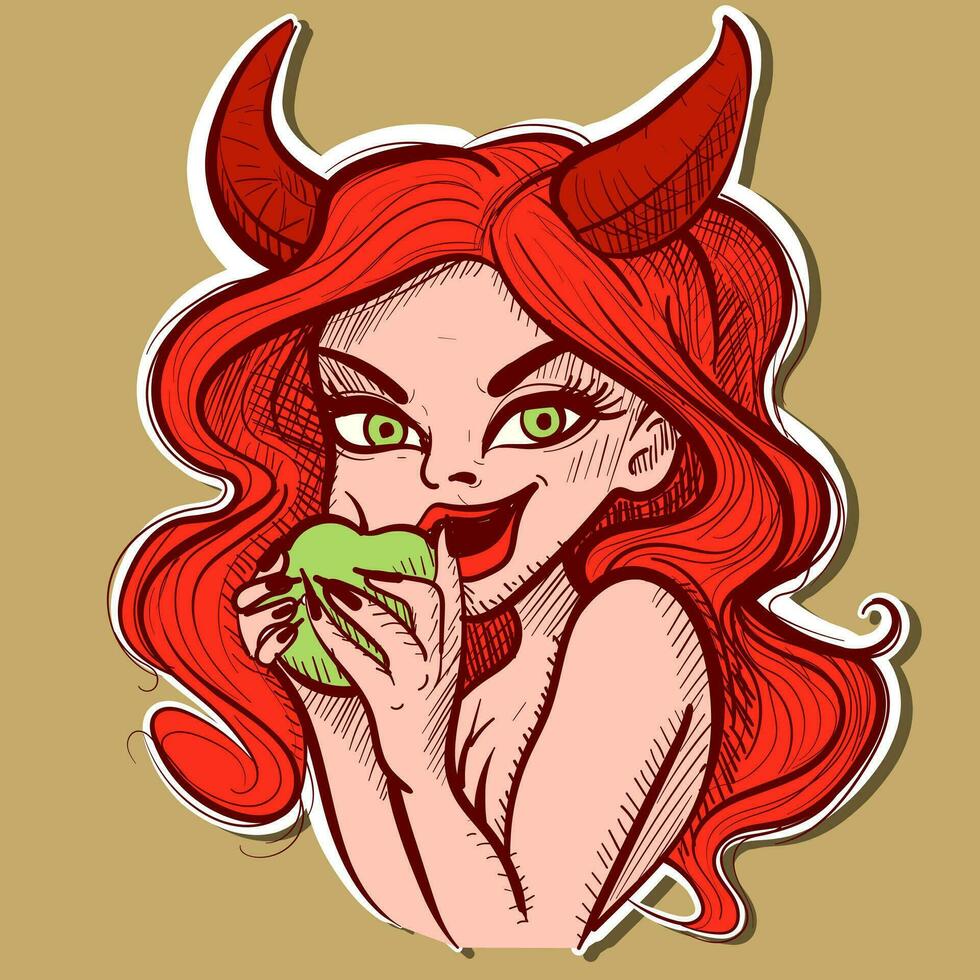 Digital art of a demon woman with red hair and horns holding an apple. Vector of a succubus cartoon character eating a fruit