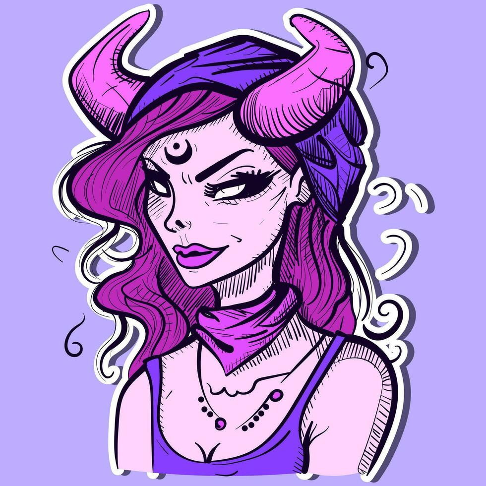 Digital art of a demonic evil woman with horns and witchy vibes. Vector of a fortune teller succubus