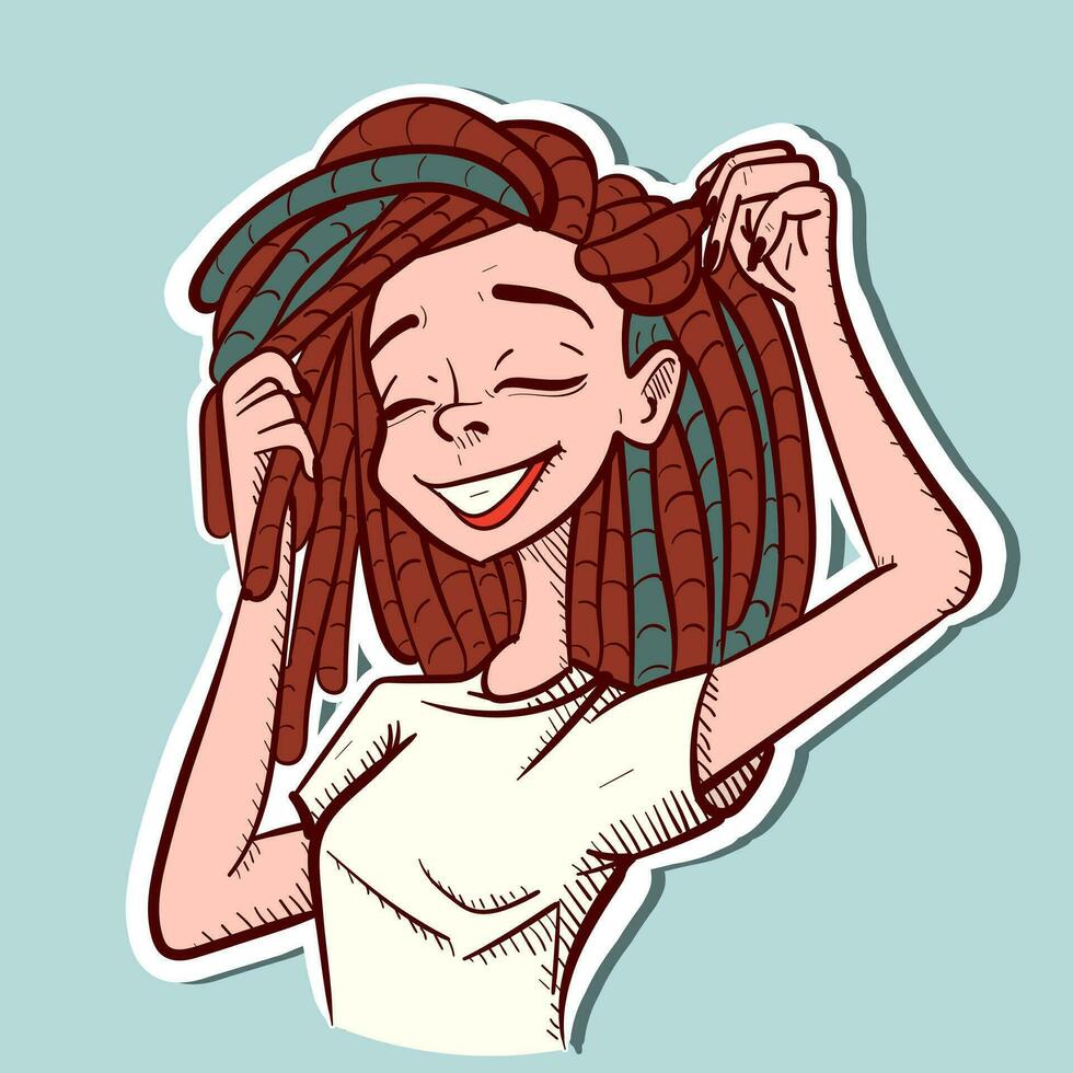 digital Arte de un caucásico mujer conmovedor su rastas. vector de un joven contento niña con teme jugando con su pelo