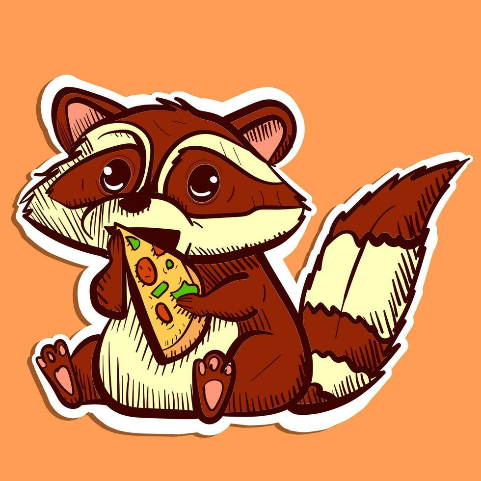 Digital art of a cute raccoon eating a slice of pizza. Vector of a cute red panda sitting and enjoying fast food.