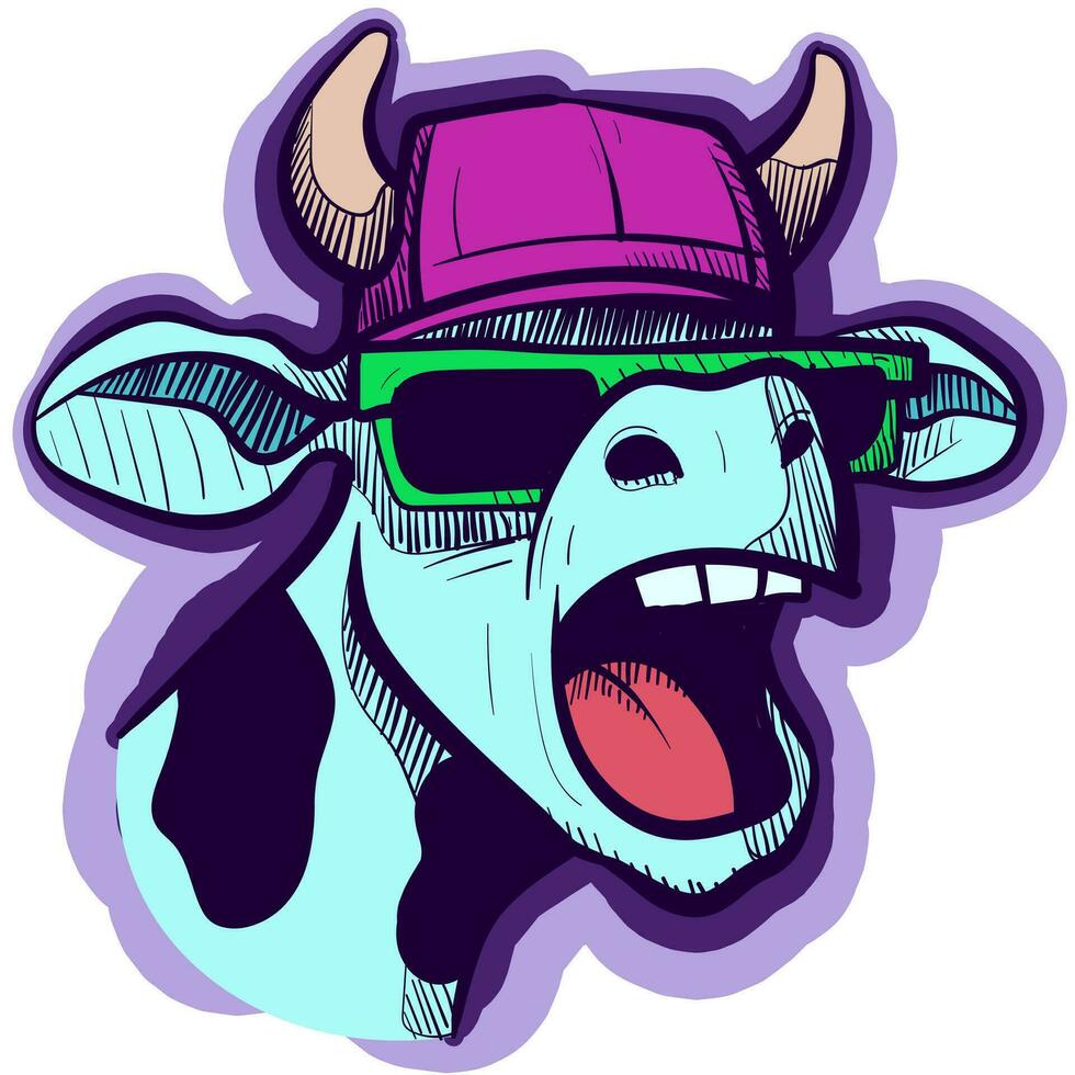 Illustration of a graffiti cow with sunglasses and a hiphop hat screaming. Vector of a cool hip hop bull talking