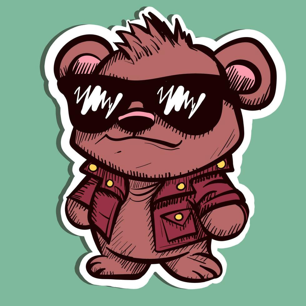 Illustration of a tough brown bear wearing a leather jacket and a pair of sunglasses. Vector of a metalhead teddy bear