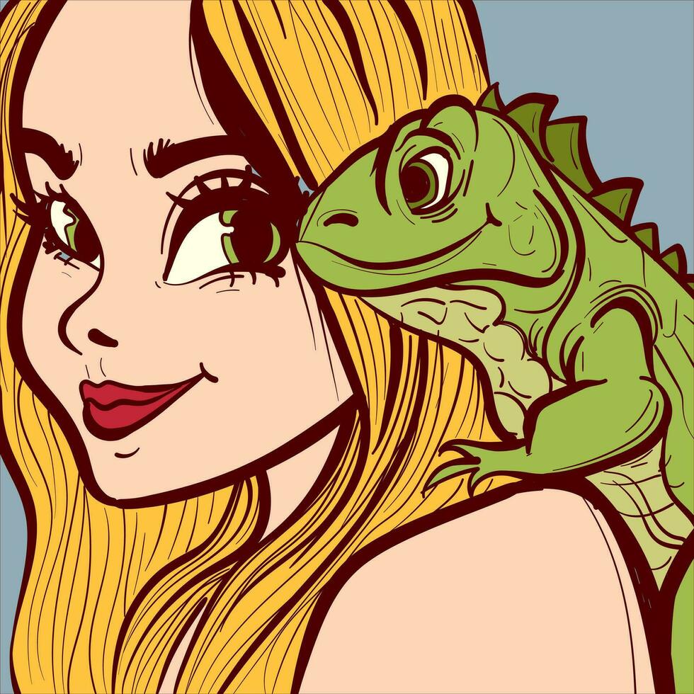 Closeup illustration of a blonde woman holding an iguana on her shoulder. Conceptual art about friendship and love. Woman looking at her lizard vector