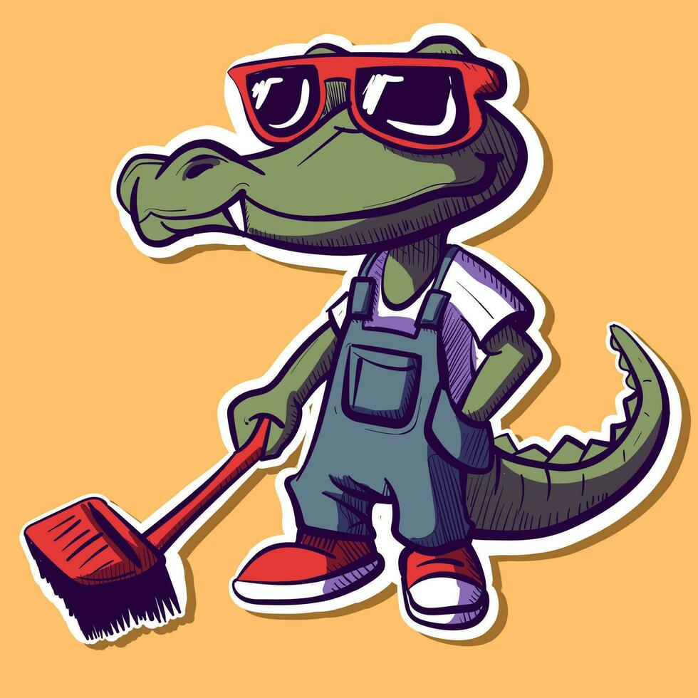 Digital art of a crocodile with sunglasses working as a janitor. Cool alligator with a broom swiping the floor at his job vector