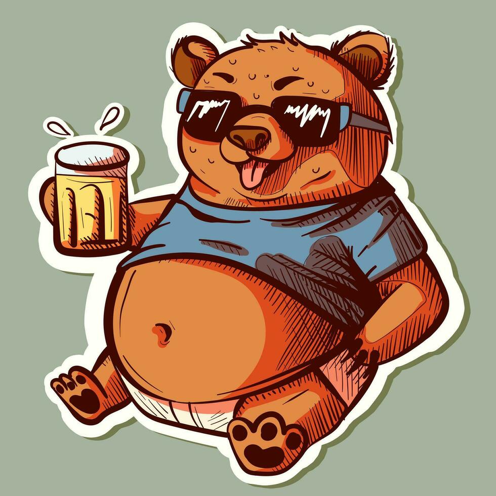 Digital art of a brown bear with sunglasses and his belly sticking out of his t-shirt. Funny grizzly with summer vibes drinking a beer. vector