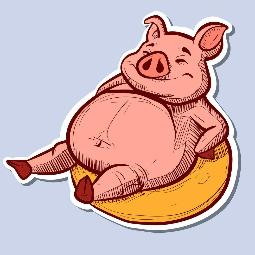 Illustration of a fat relaxed pig sitting on a floatie in a pool. Vector of a piggy on vacation, relaxing and swimming in a lifesaver