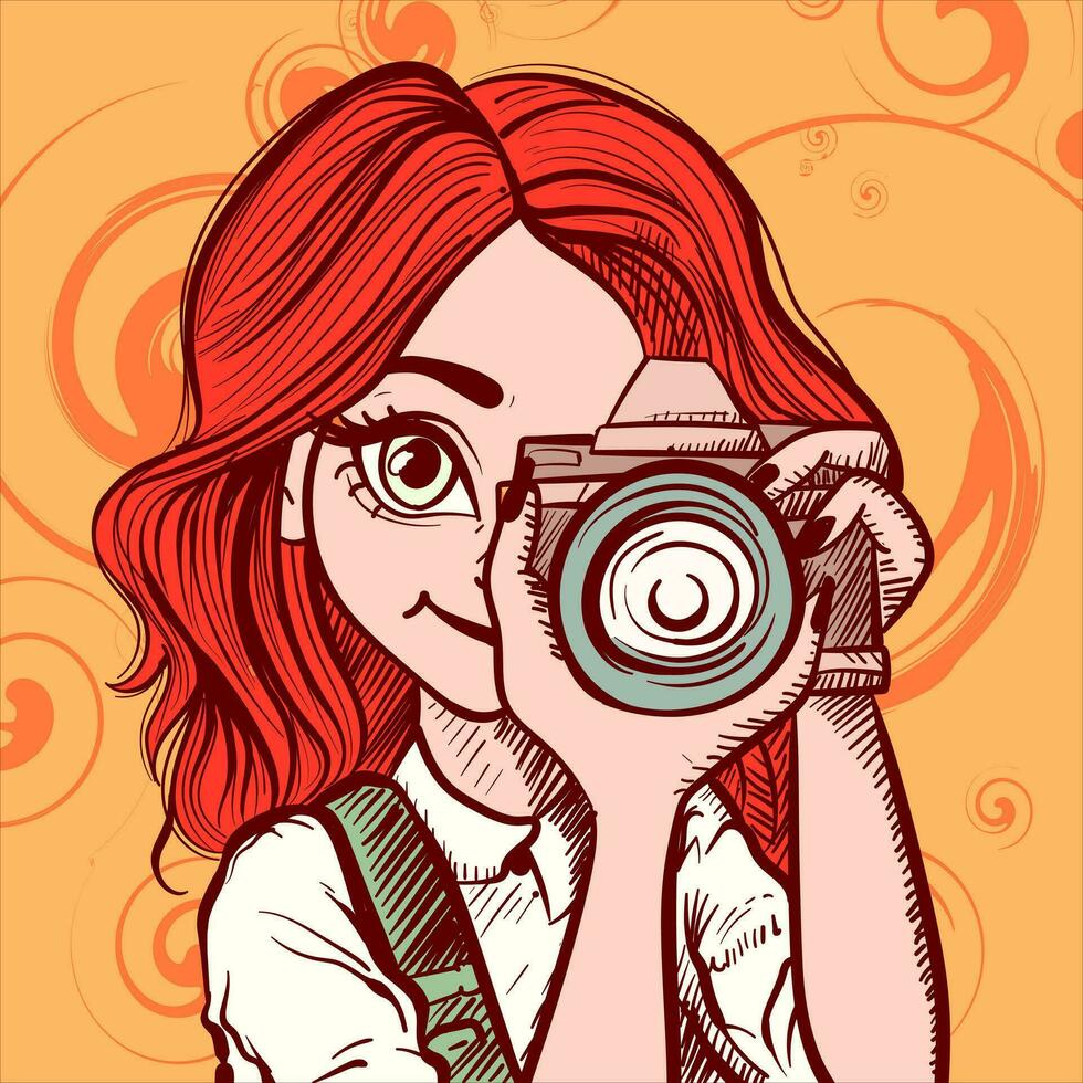 Illustration of an anime redhead woman holding a digital camera in her hands. Closeup vector of a girl with photography equipment taking a photo