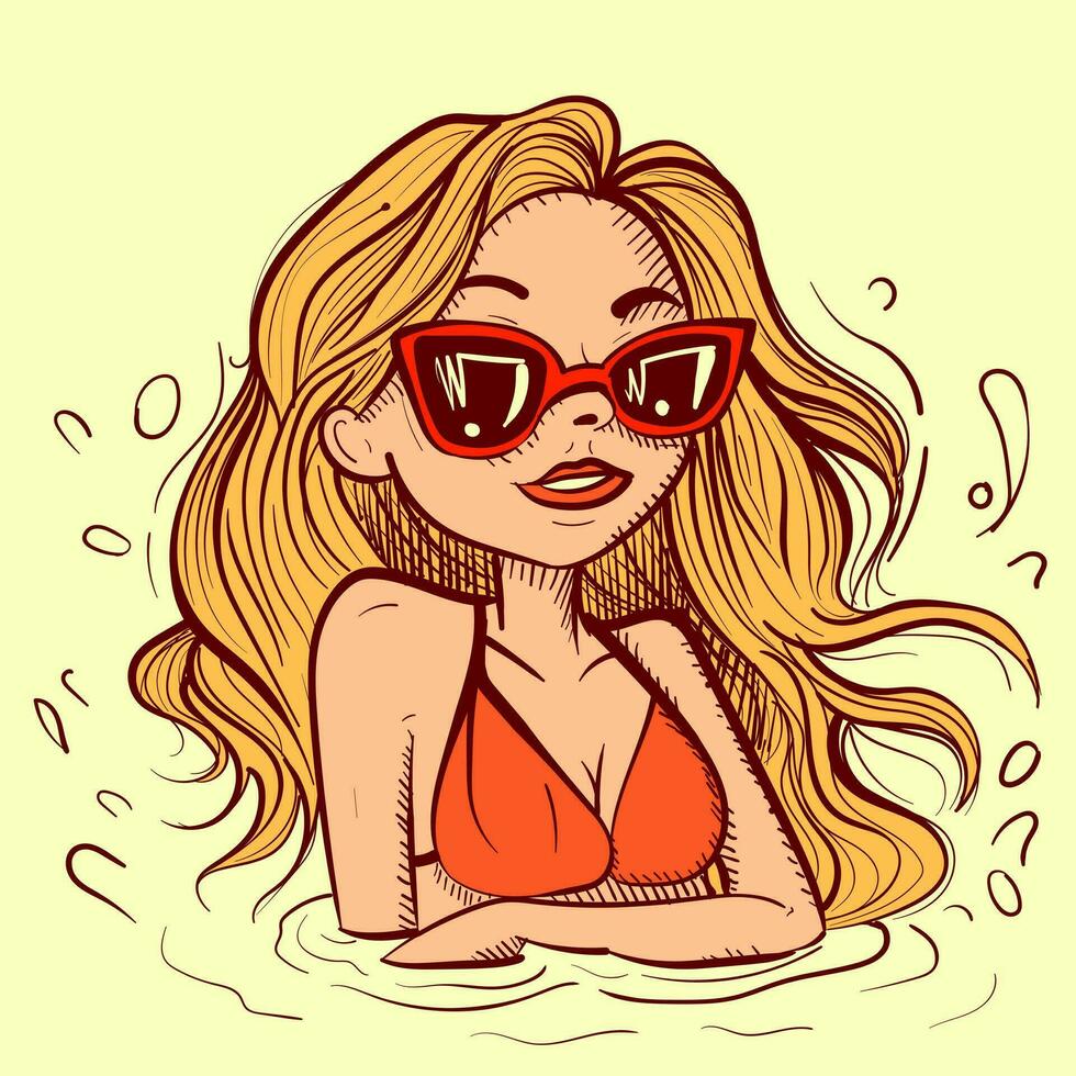 Illustration of a blonde girl wirh a red suimsuit sitting in a water pool on vacation. Vector of a woman with sunglasses relaxing and swimming