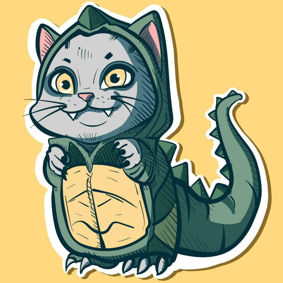 Digital art of a cute kitty wearing a dinosaur costume for Halloween. Vector of an adorable kitty in a dino suit going trick or treat.