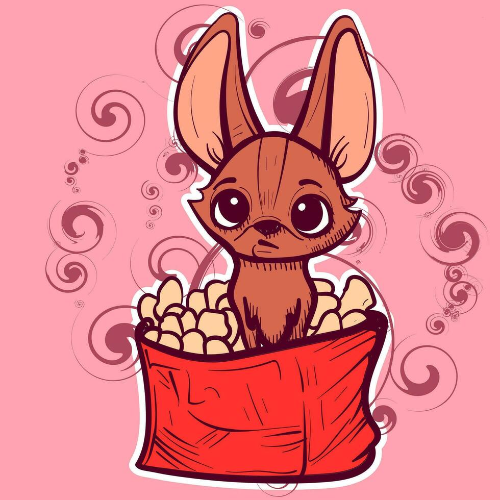 digital Arte de un pequeño perro sentado en un bolso de papas fritas. vector de un linda chihuahua o coyote con grande orejas en un caja de meriendas.