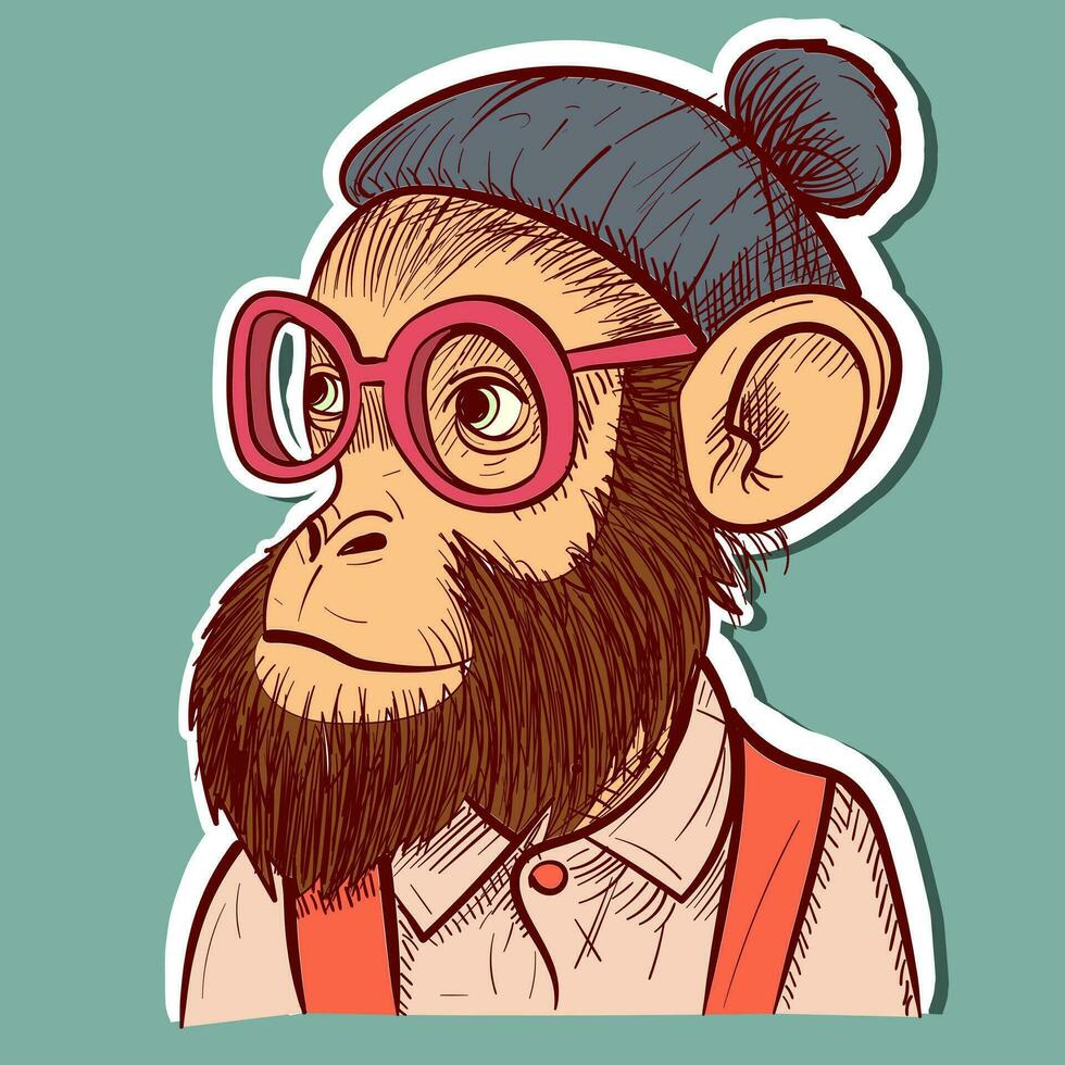 Illustration of a hipster monkey wearing eyeglasses, a hat and a shirt. Elegant gentleman chimp with fashion clothes. vector