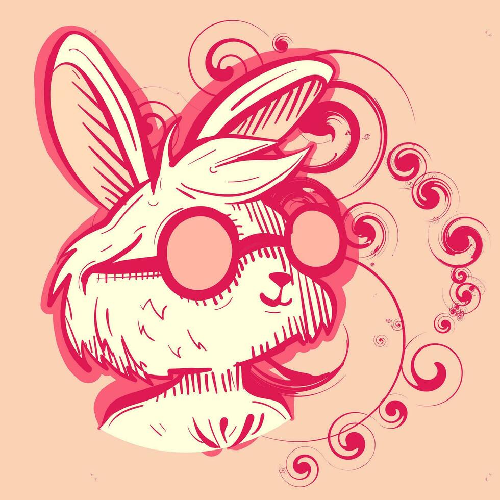 Digital art of a cute white bunny with cute and pink sunglasses. Vector of a rabbit head with floral motifs around it