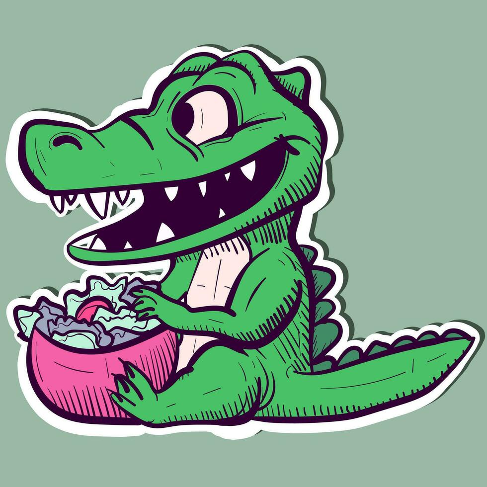 Illustration of a vegetarian alligator being excited about a bowl of greens. Vector of a green crocodile eating a salad