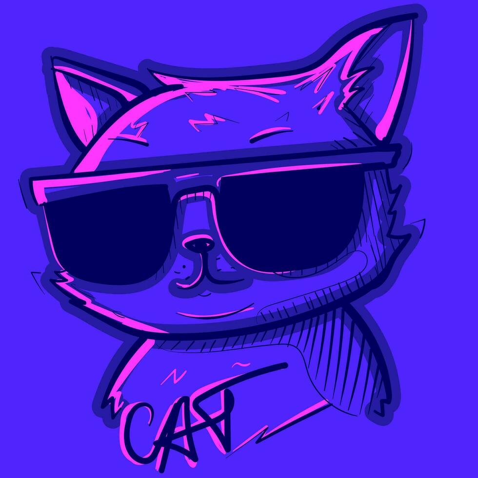 Digital art of a cool cat wearing sunglasses under pink neon lights. Vector of a gangsta kitty with glasses and graffiti text