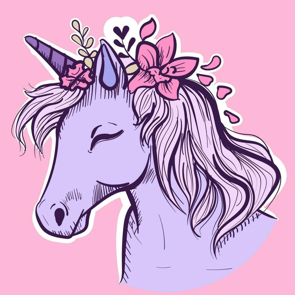 Digital art of an unicorn head with floral decorations around his hair. Vector of a horse with a horn and flowers