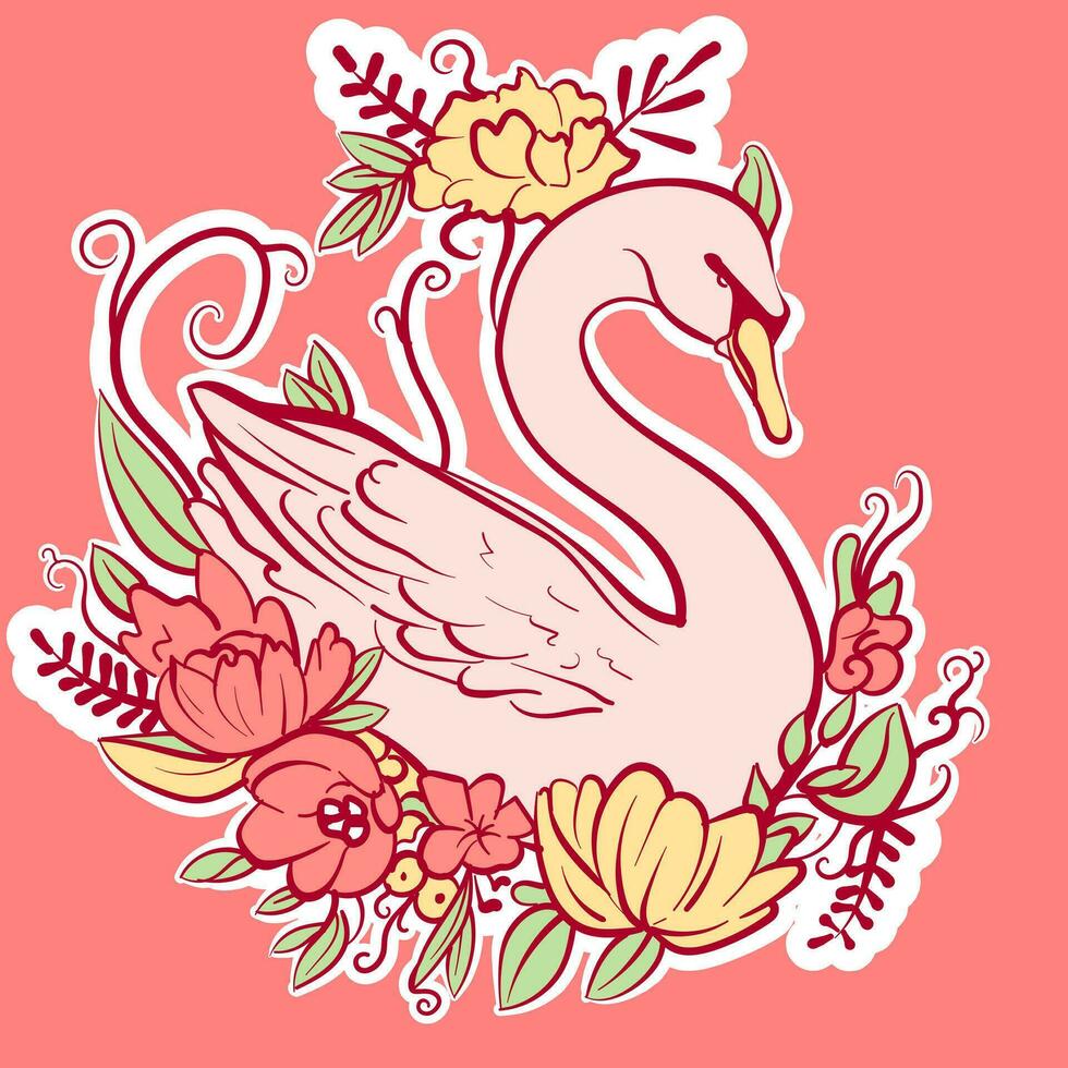 Illustration of a swan with floral decorations around it. Vector of a duck bird with flowers, roses and leaves