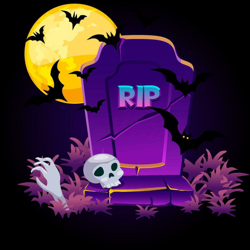 Full moon, graveyard, skull and bats for greeting card. Halloween illustration vector