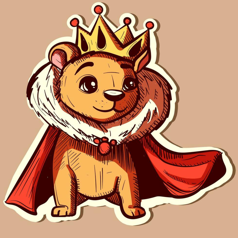 Illustration of a cute lion cub wearing royal clothes. Vector of an animal wearing a king crown and a fluffy red cape.