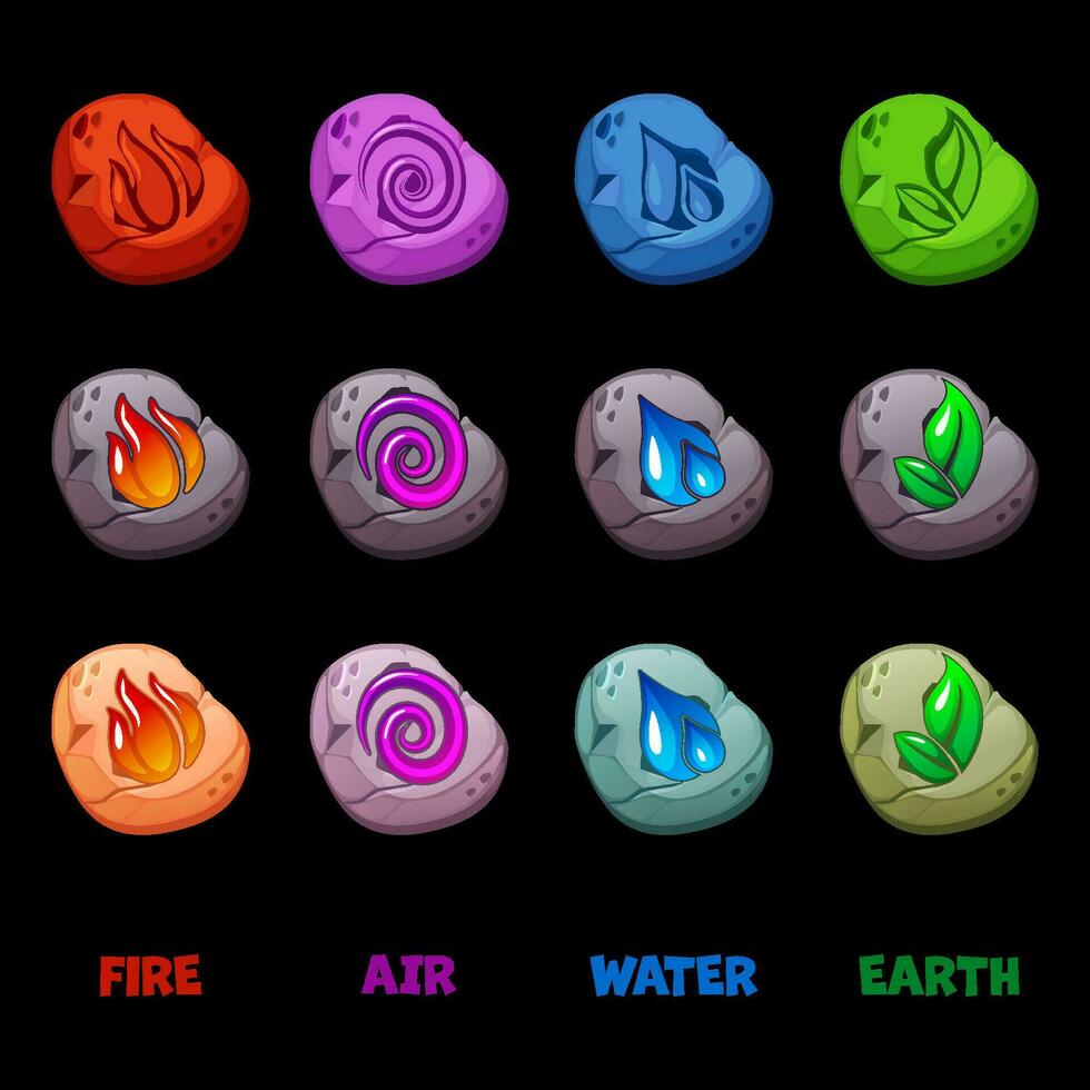 Abstract Wind, Air, fire, water, earth symbol design on stones for game or app concept in different color. Icons for UI game. vector
