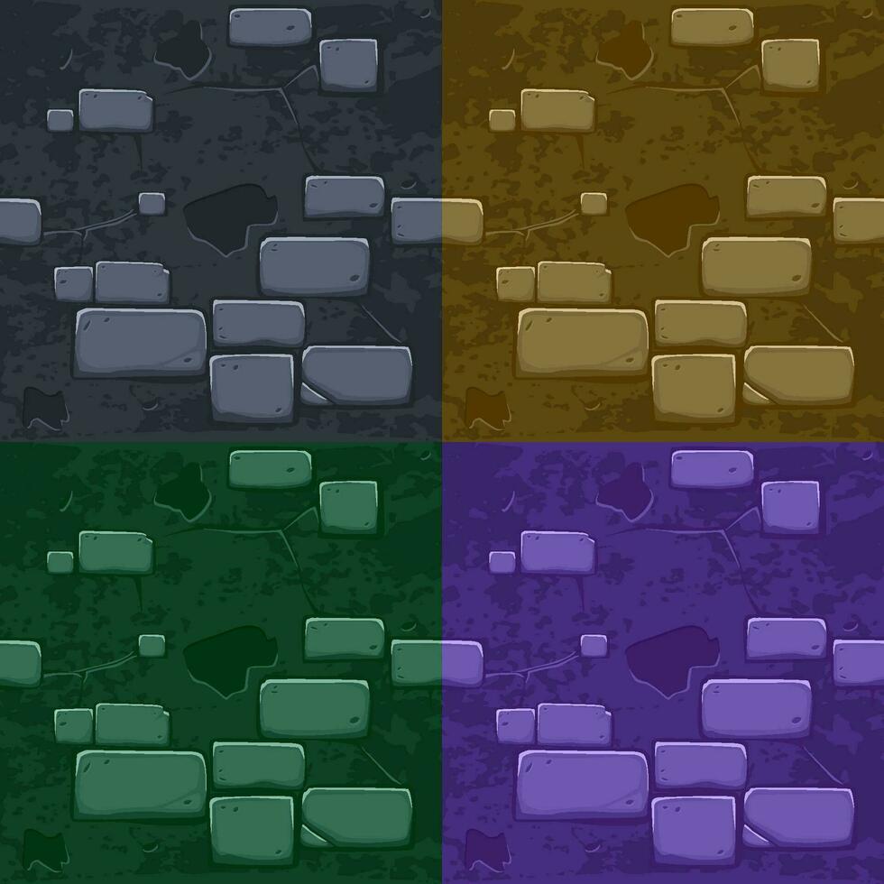 Set seamless Textures stone. Cartoon old brick wall texture for 2D game. vector