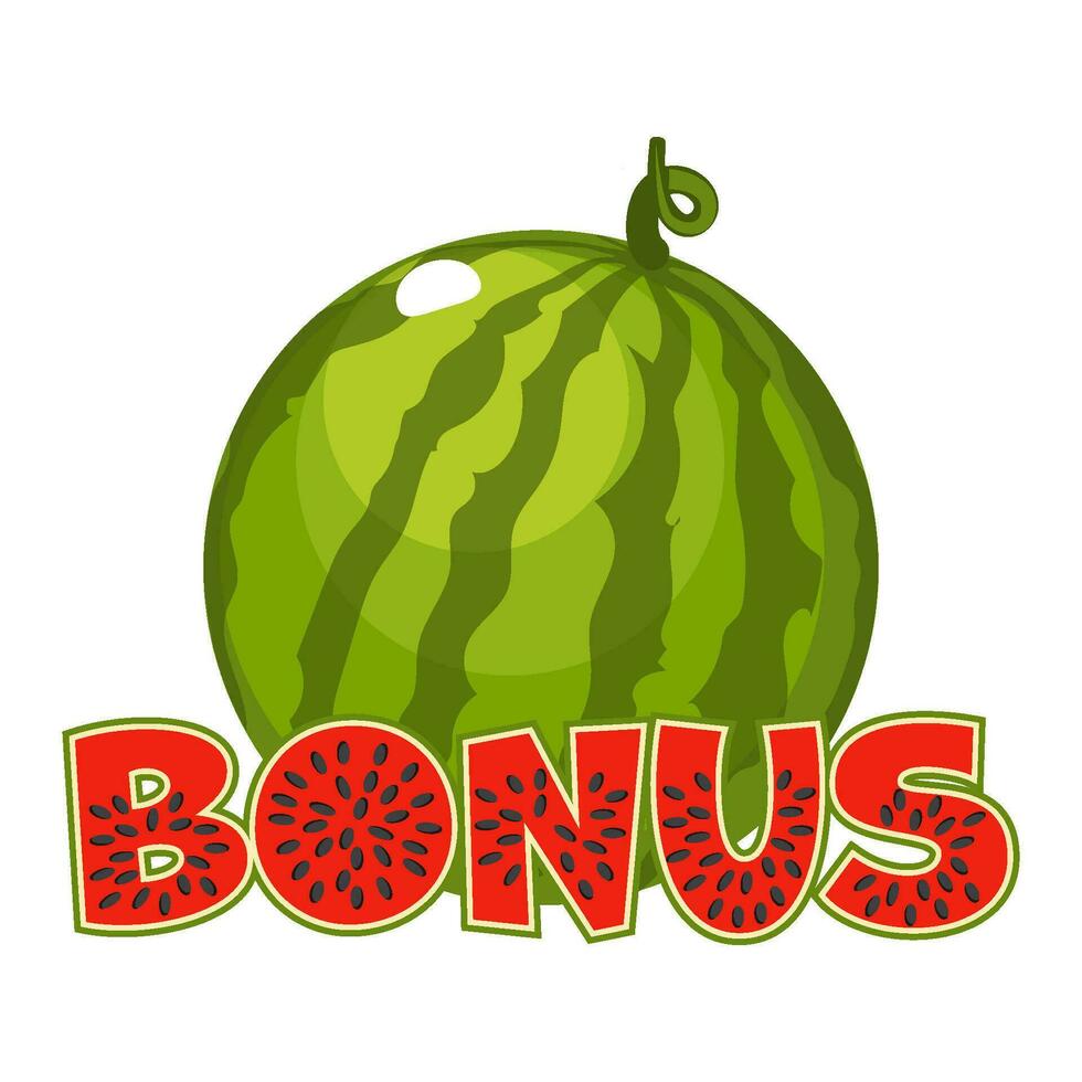 Watermelon bonus icon with 2D game or slots. Watermelon texture text vector