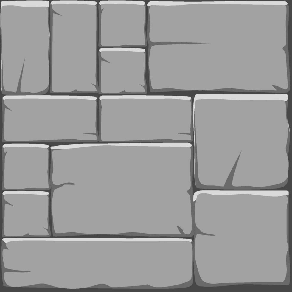 Cartoon stone pavement seamless pattern, brick wall texture, cracked rock paver, gray street tiles top view. vector